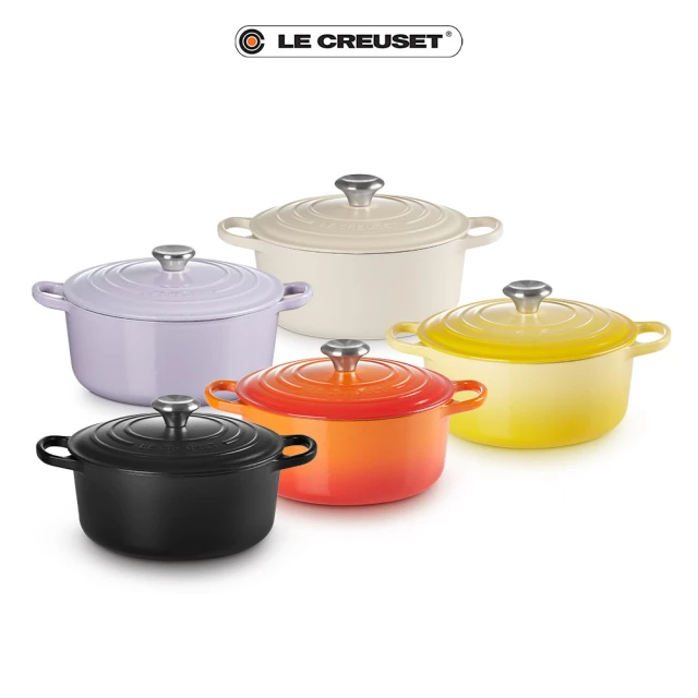 【Le Creuset】典藏琺瑯鑄鐵鍋圓鍋24 cm(杏仁奶茶-鋼頭-內鍋白)