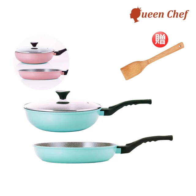 【Queen Chef】韓國礦岩鈦合金鑄造不沾鍋雙鍋 30CM 4件組(炒鍋+平底鍋+蓋+竹鏟)