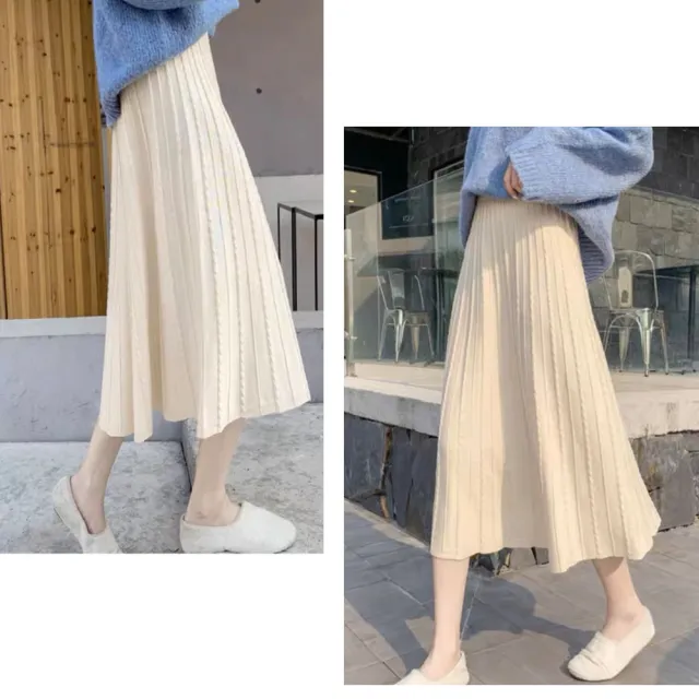 【buyer 白鵝】甜美 直紋麻花針織厚磅傘裙寬裙(米白/灰色)