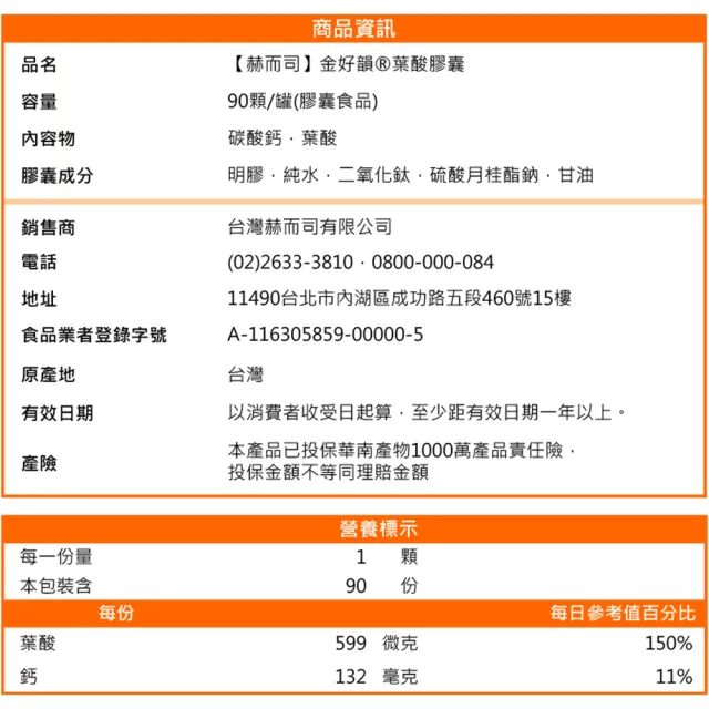 【赫而司】金好韻葉酸膠囊1罐(共90顆備孕孕前補養配方葉酸+鈣胎兒的正常發育與生長血紅素)