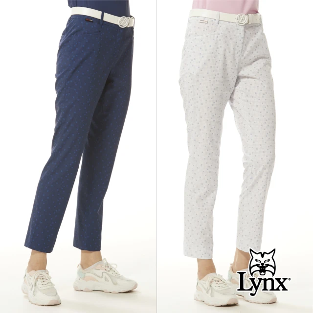 【Lynx Golf】女款彈性舒適滿版方塊印花精美夾標Lynx草寫繡花造型窄管九分褲(二色)