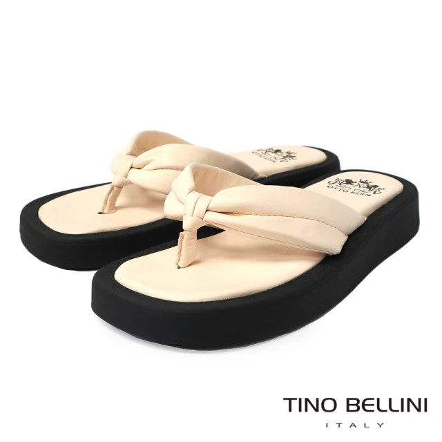 【TINO BELLINI 貝里尼】西班牙進口羊皮夾腳厚軟底涼拖鞋FSQO004(米)