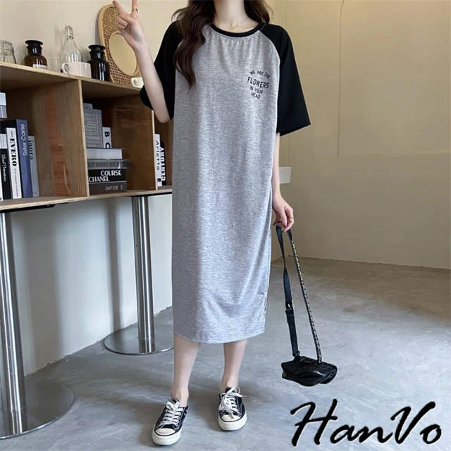 【HanVo】現貨 側開岔設計拼色長洋裝(韓版休閒藏肉修身顯瘦連衣裙 圓領懶人群 女生衣著 3640)