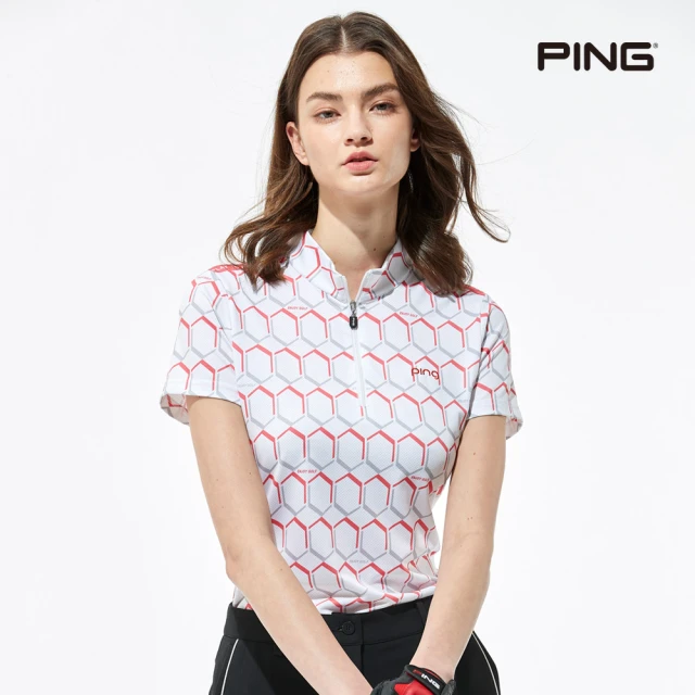 【PING】女款六角圖騰立領短袖POLO衫-紅(吸濕排汗/抗UV/GOLF/高爾夫球衫/RA23112-18)