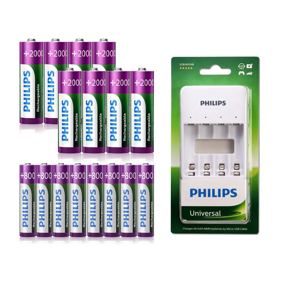 【Philips 飛利浦】低自放鎳氫充電電池3號8入+4號8入(贈USB 4槽智慧型充電器)