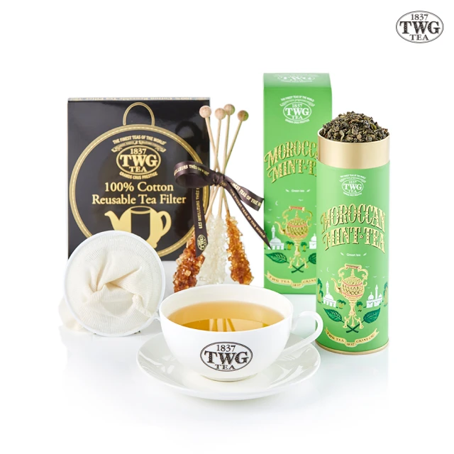 【TWG Tea】摩洛哥薄荷綠茶茗茶禮物組(摩洛哥薄荷綠茶 100g/罐+早茶杯盤組+瀘茶網+茶棒糖)