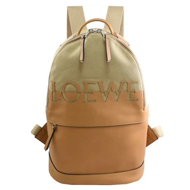 【LOEWE 羅威】Round 經典經典徽章LOGO緹花帆布拼接手提旅用包後背包(淺褐)