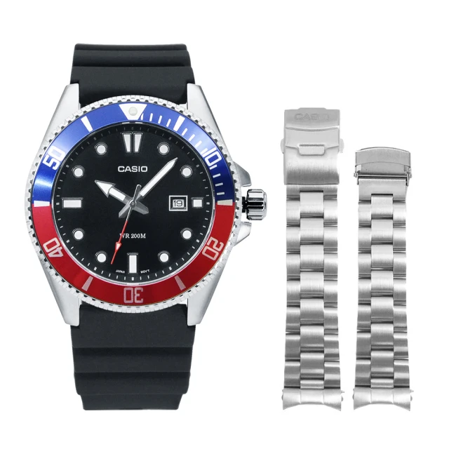 【CASIO 卡西歐】黑面 紅藍框 新槍魚 200米潛水錶 水鬼 黑色矽膠錶帶 贈不鏽鋼錶帶(MDV-107-1A3)