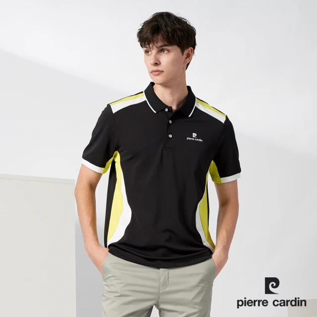 【pierre cardin 皮爾卡登】輕運動 男款 吸濕排汗胸前剪接配色短袖polo衫-黑色(3227202-99)