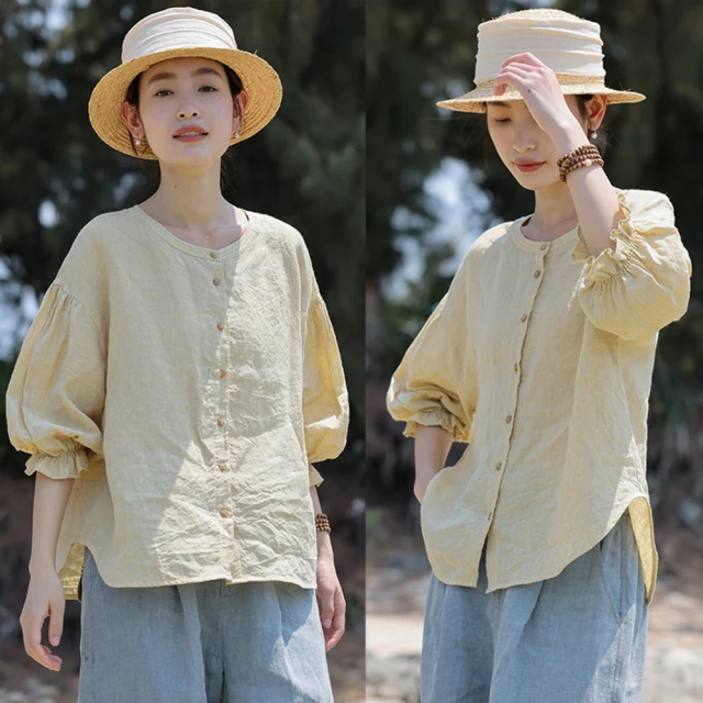 設計所在【設計所在】獨家高端限量系列 法國雙色色織亞麻花瓣袖襯衫上衣黃 S230145(S-L可選)