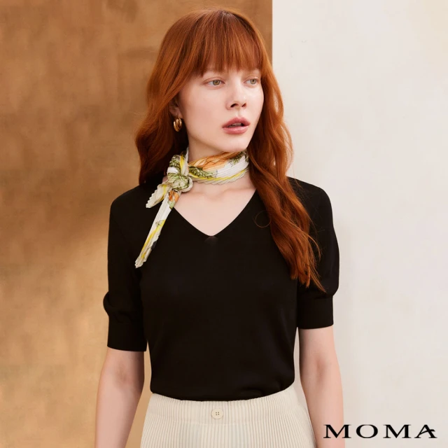 【MOMA】弧形V領密針織短袖衫(兩色)