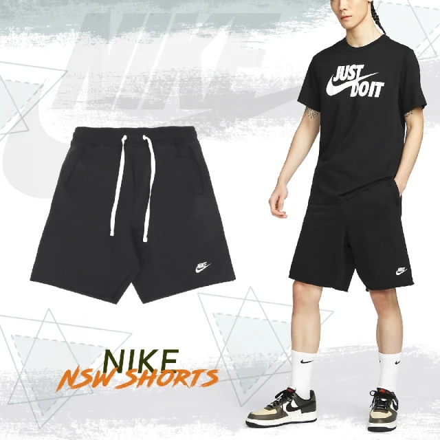 【NIKE 耐吉】短褲 NSW 男款 黑 白 褲子 棉褲 寬鬆 不修邊 小LOGO(DX0767-010)