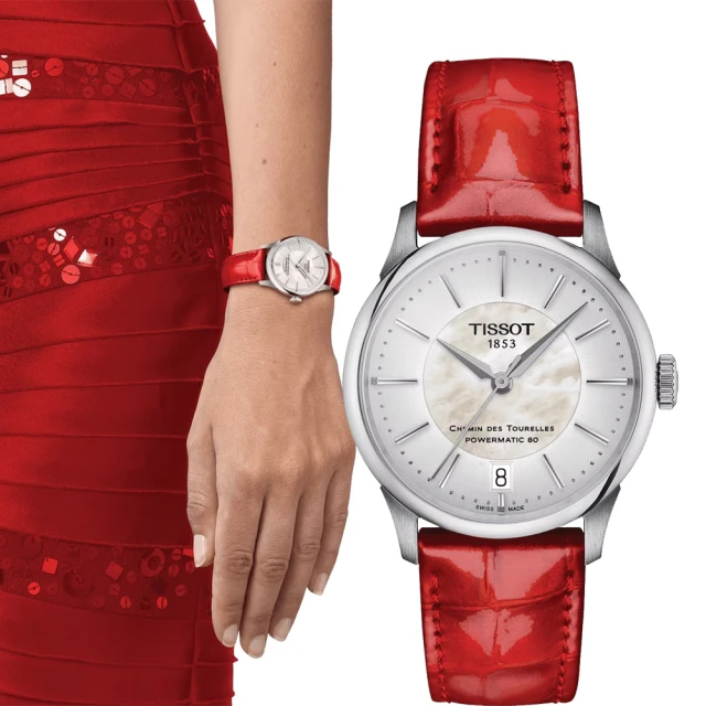 【TISSOT 天梭】杜魯爾系列動力80小時機械女錶-珍珠貝x紅皮帶/34mm(T139.207.16.111.00 / T1392071611100)