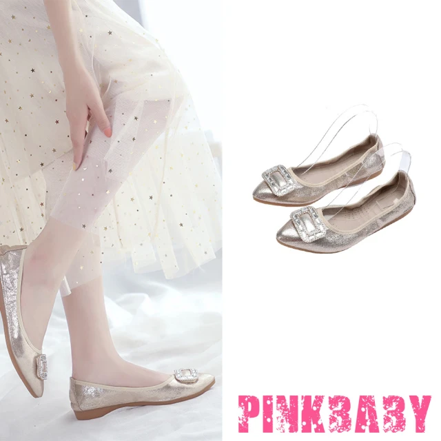 【PINKBABY】尖頭平底鞋 軟底平底鞋/小尖頭貼鑽方釦造型軟底平底鞋 蛋捲鞋(金)