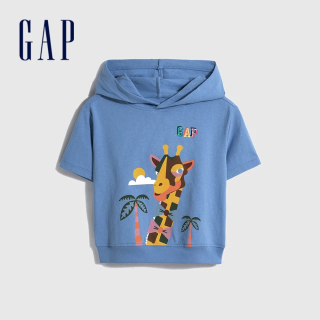 【GAP】男幼童 Logo寬鬆連帽休閒短袖上衣 厚磅密織水洗棉系列-湖藍色(598611)