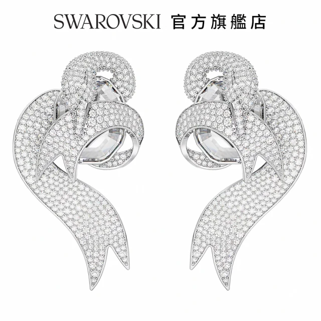 【SWAROVSKI 官方直營】Fashion Swan 夾式耳環 非對稱設計 天鵝 白色 鍍白金色