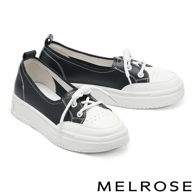 【MELROSE】美樂斯 簡約舒適綁帶造型牛皮QQ厚底休閒鞋(黑)