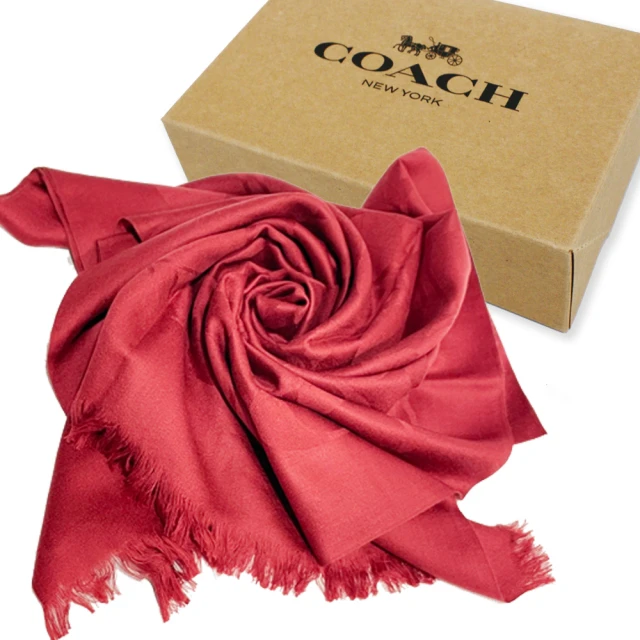COACH【COACH】新款C LOGO羊毛混桑蠶絲巾圍巾禮盒(深紅)