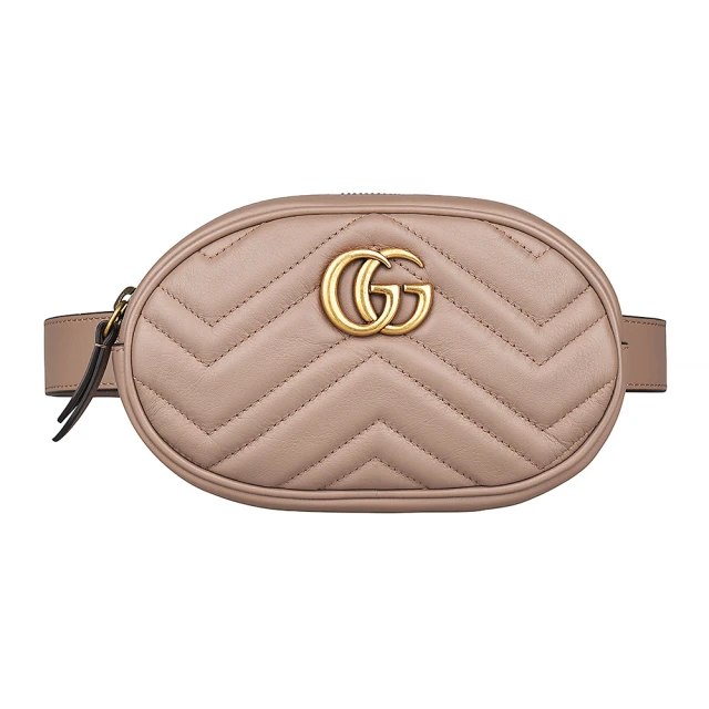 【GUCCI 古馳】GUCCI Marmont復古金屬雙G LOGO愛心車線W字紋牛皮拉鍊胸腰包(小/裸粉)