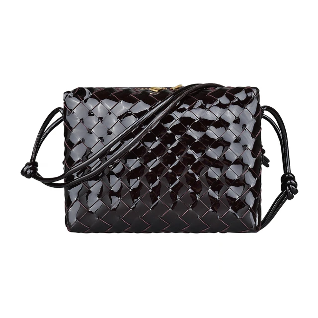 【BOTTEGA VENETA 寶緹嘉】BV BOTTEGA VENETA INTRECCIO內裡壓印LOGO編織設計漆皮拉鍊斜背包(小/深紫紅)