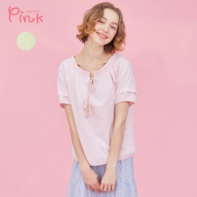 【PINK NEW GIRL】氣質前流蘇綁結短袖上衣 L2206HD(2色)