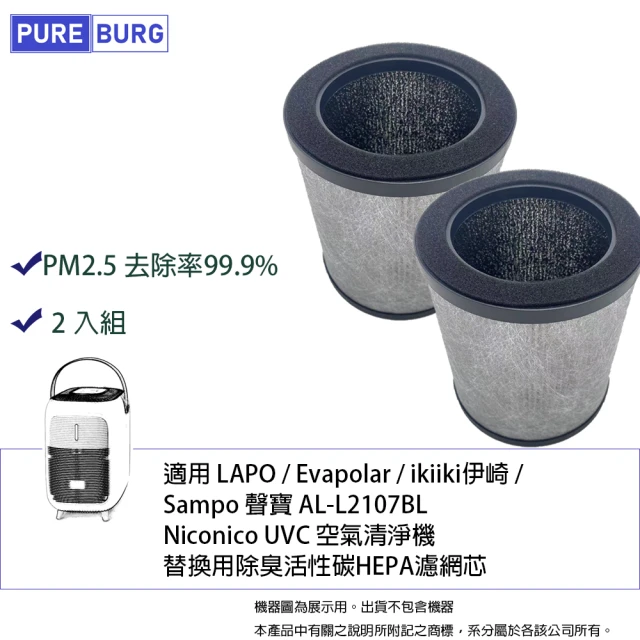 【PUREBURG】適用LAPO Evapolar ikiiki伊崎 Sampo聲寶AL-L2107BL空氣清淨機 副廠濾網2入組(2入組)