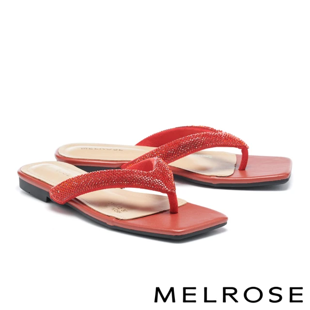 【MELROSE】奢華魅力水鑽麂布方頭平底夾腳拖鞋(紅)