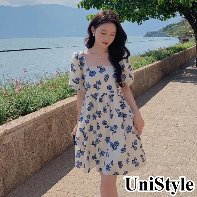 UniStyle【UniStyle】碎花短袖洋裝 法式高級感顯瘦連身裙 女 ZMC037-076(藍)