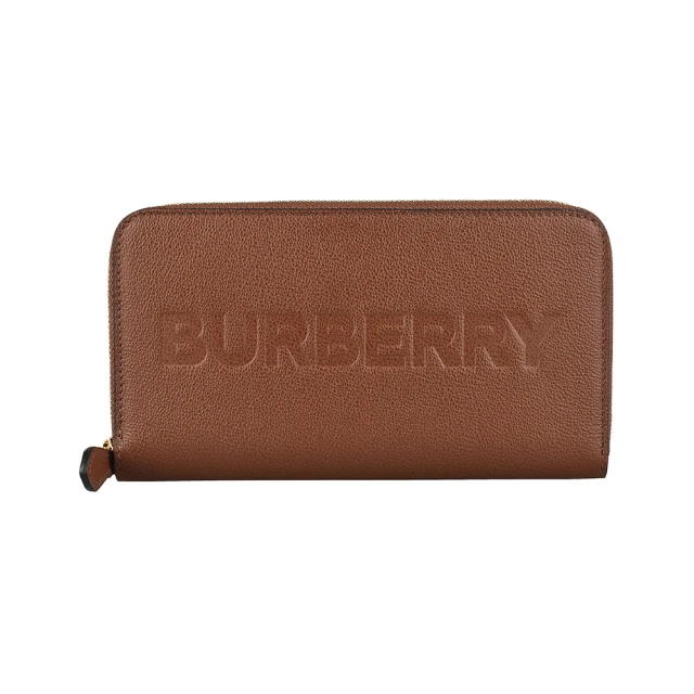 【BURBERRY 巴寶莉】BURBERRY壓印LOGO牛皮12卡拉鍊長夾(棕)