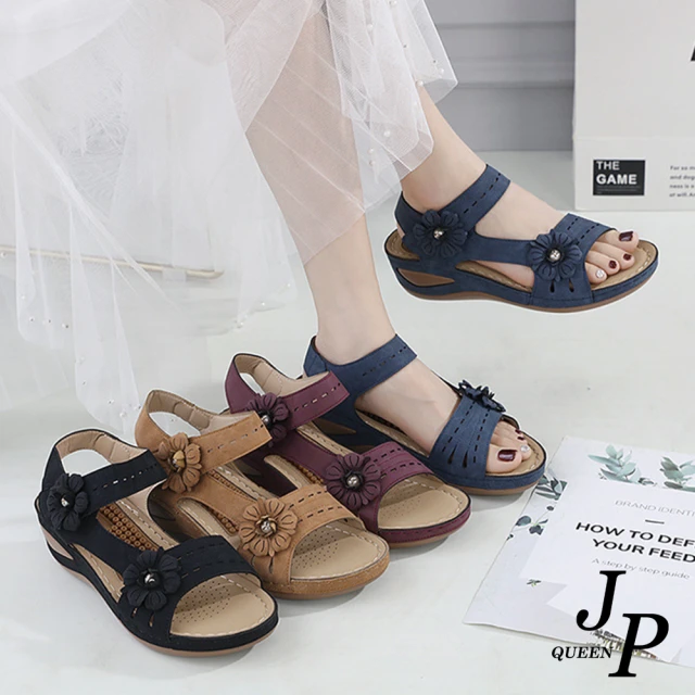 JP Queen New York 雛菊小花夏季透氣舒適大尺碼坡跟涼鞋(4色可選)