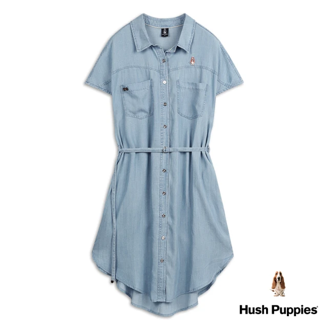 【Hush Puppies】女裝 洋裝 寬袖腰綁帶開襟牛仔洋裝(淺藍 / 33215108)