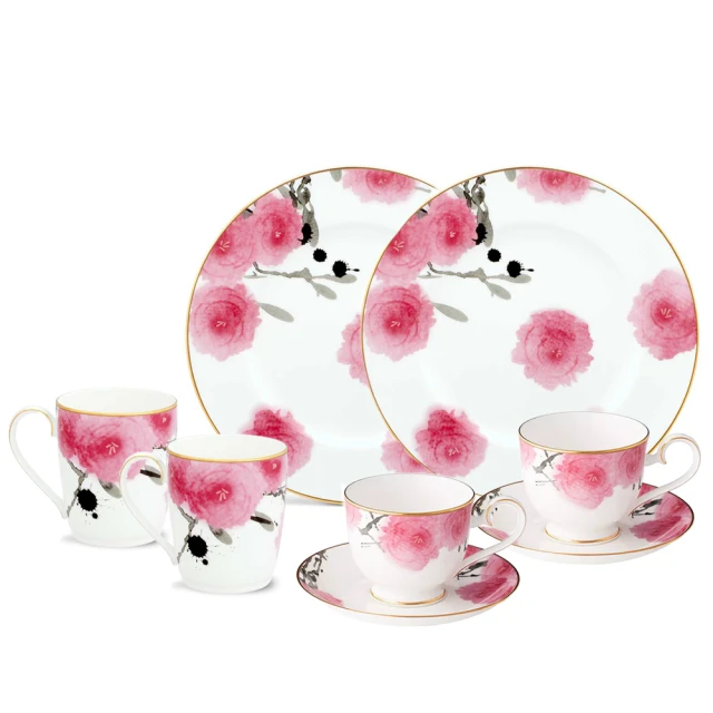 NORITAKE 紅纓花瓣金邊骨瓷下午茶組合8件雙人組-咖啡對杯、展示盤、馬克對杯(新品上市)