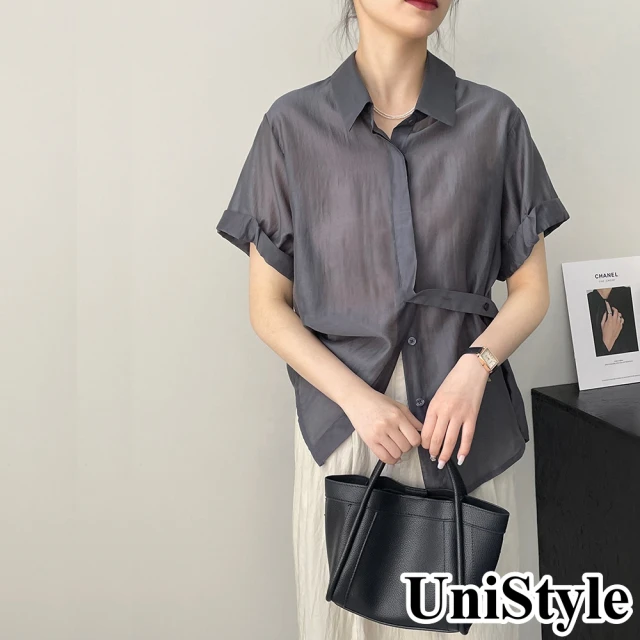 UniStyleUniStyle 天絲短袖襯衫 高級感側扣收腰 女 WT31029(灰)