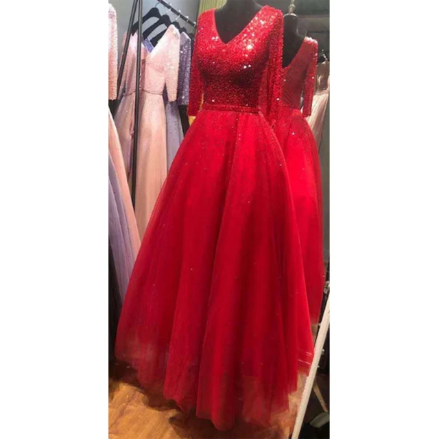 女神婚紗禮服 高端閃亮七分袖氣質長款蓬裙宴會晚禮服 LA70481 紅色(年會主持人 派對)