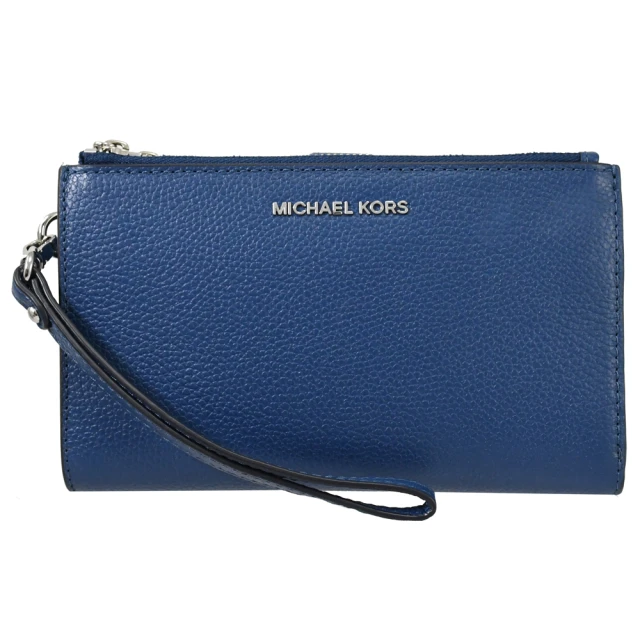 Michael Kors 新版簡約經典LOGO皮革手提式雙拉鍊手機袋長夾(藍)