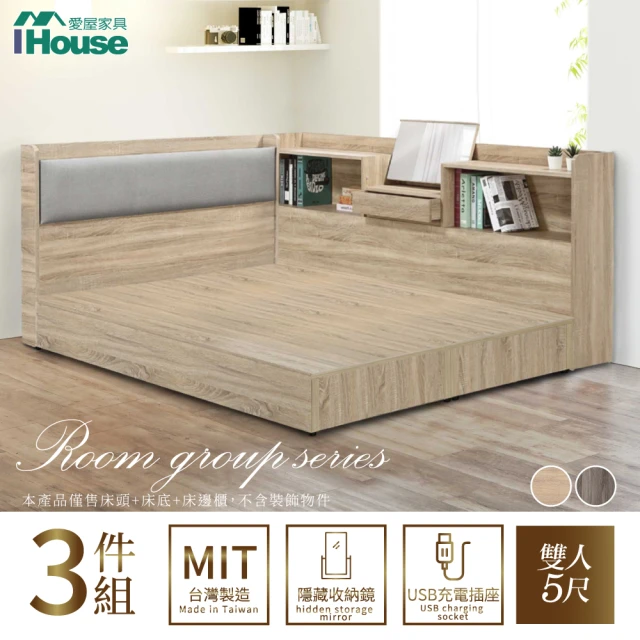 IHouse 有木 房間3件組 雙人5尺(插座床頭+床底+收納床邊櫃)