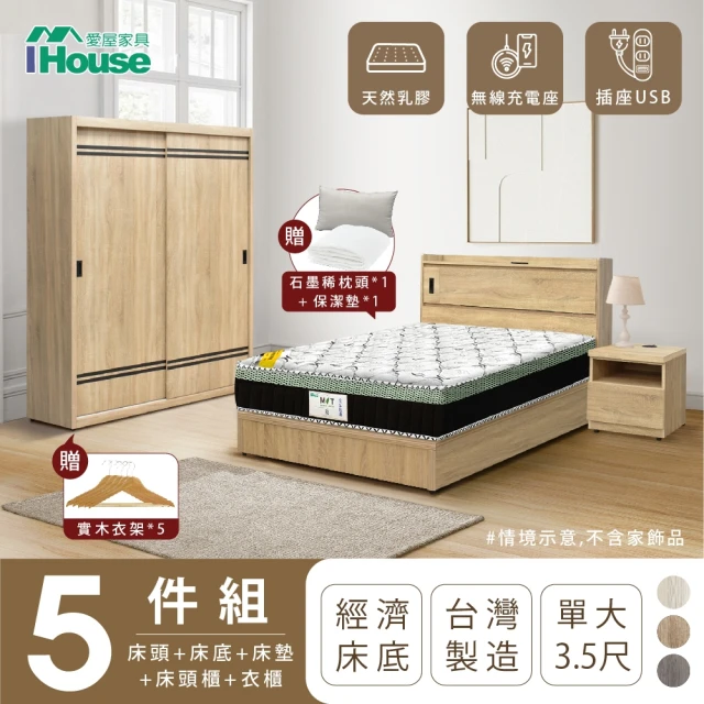 IHouse 品田 房間5件組 單大3.5尺(床頭箱+床底+床墊+床頭櫃+衣櫃)