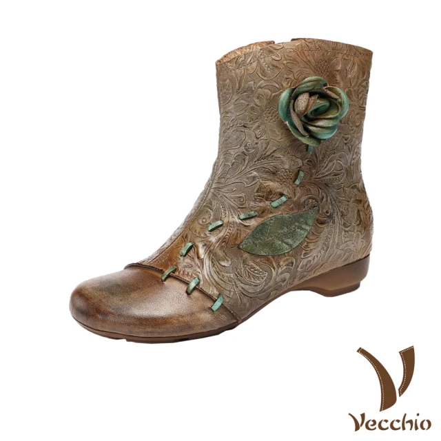 VecchioVecchio 真皮短靴 低跟短靴/全真皮頭層牛皮立體皮雕玫瑰復古寬楦低跟短靴(卡其)