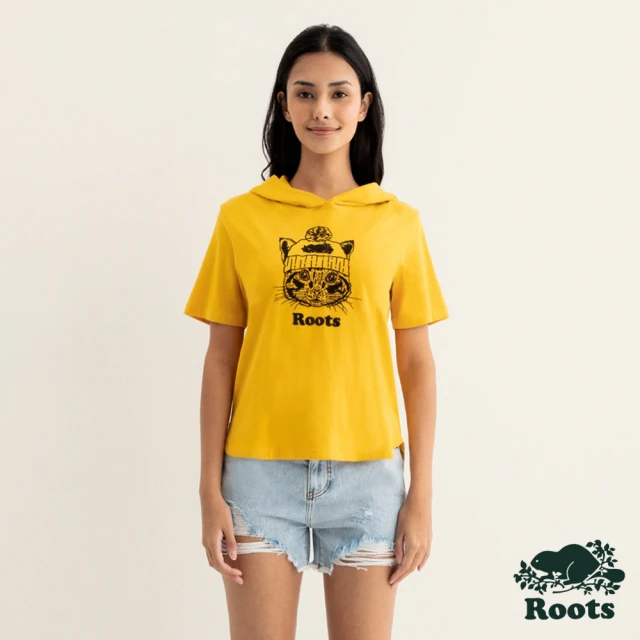 Roots Roots女裝-動物派對系列 毛帽貓咪純棉短袖連帽上衣(金黃色)
