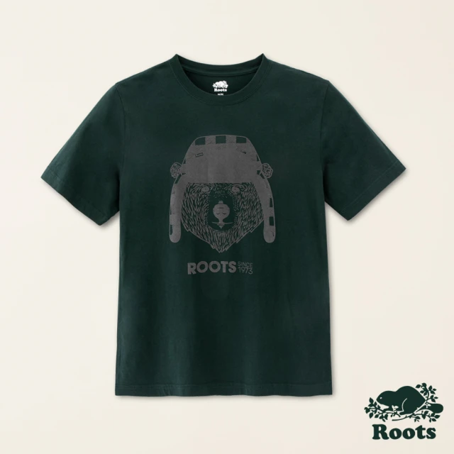 Roots Roots男裝-動物派對系列 毛帽動物純棉修身短袖T恤(深綠色)