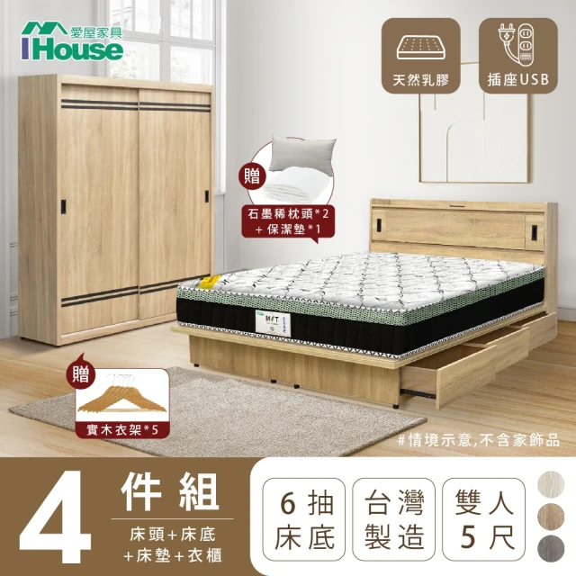 IHouse 品田 房間4件組 雙人5尺(床頭箱+收納抽屜底+床墊+衣櫃)