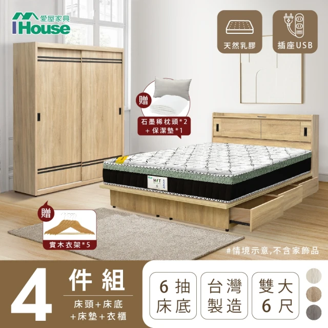 IHouse 品田 房間4件組 雙大6尺(床頭箱+收納抽屜底+床墊+衣櫃)