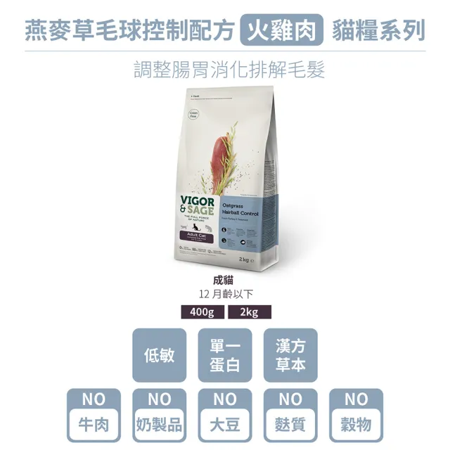 【Vigor & Sage 靈萃】燕麥草低敏無穀貓飼料-去骨鮮火雞+海苔-成貓-2kg(無穀 低敏 燕麥草 雞肉)