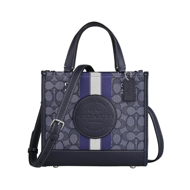 COACH COACH Dempsey Tote 22圓標LOGO緹花布直條紋設計磁釦式手提/斜背托特包(丹寧藍x午夜藍)