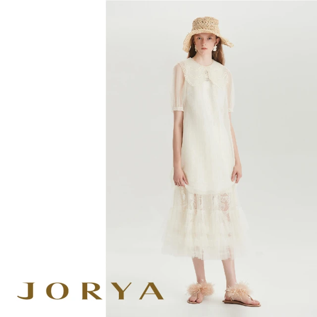 JORYA M1001801蕾絲花邊領網紗短袖連身洋裝