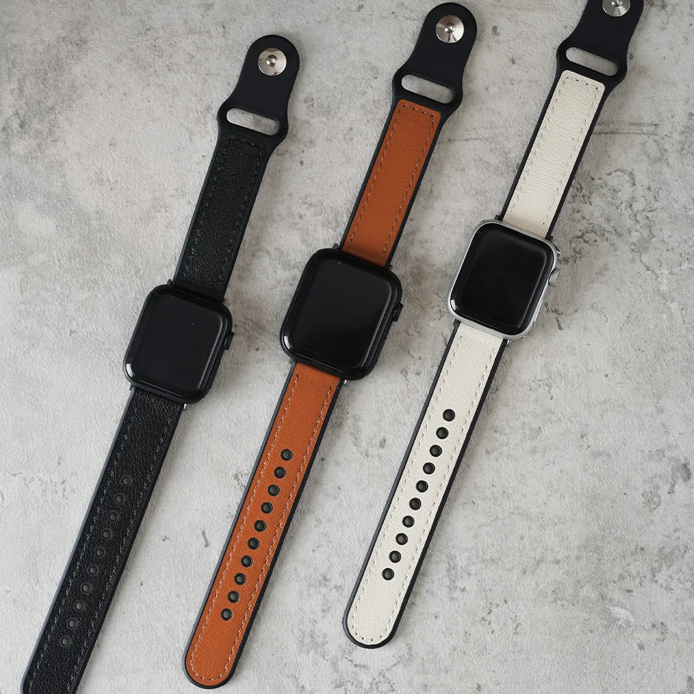【ALL TIME 完全計時】Apple Watch S7/6/SE/5/4 38/40/41mm 釘扣造型皮革拚矽膠錶帶