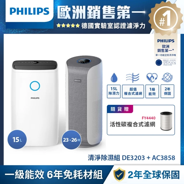 Philips 飛利浦 奈米級空氣清淨機★適用23-26坪(AC3858)+ 15公升★一級能效除溼機(DE3203/81)