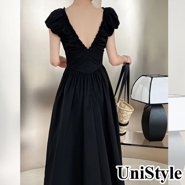 UniStyle 無袖褶皺洋裝 法式優雅V領露背連身裙 女 UV9979(黑)
