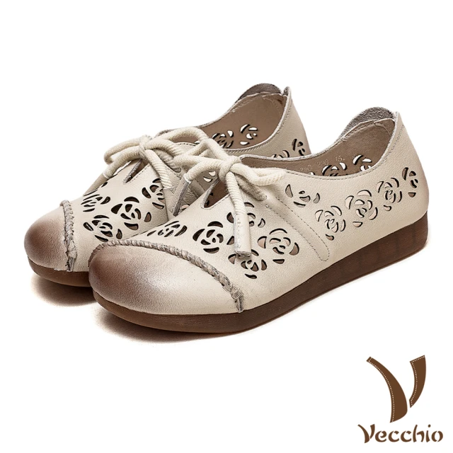 VecchioVecchio 真皮休閒鞋 牛皮休閒鞋/全真皮頭層牛皮復古擦色縷空花朵繫帶休閒鞋(米)