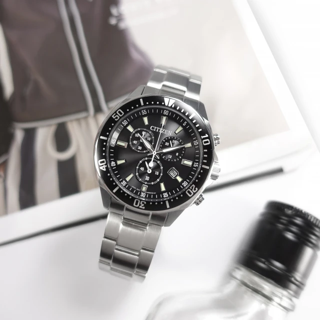 CITIZEN 星辰 光動能 三眼計時 日期 日本機芯 防水100米 不鏽鋼手錶 黑色 41mm(VO10-6771F)